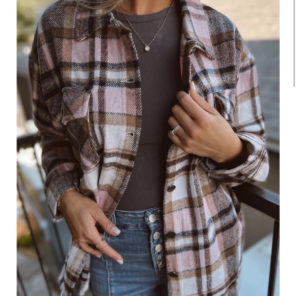 Plaid Flannel Shacket Shirt Jacket Pink Tan Gray - Picture 7 of 12